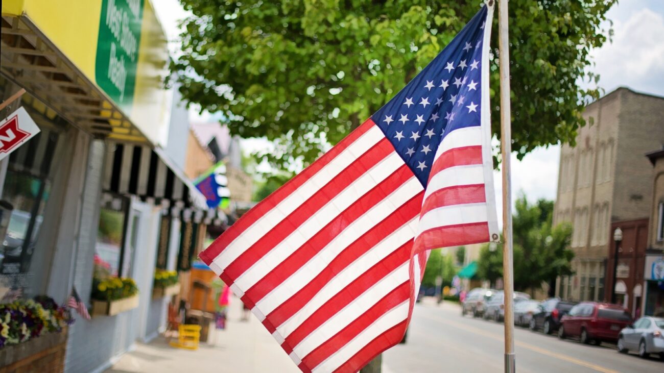 American flag in small town