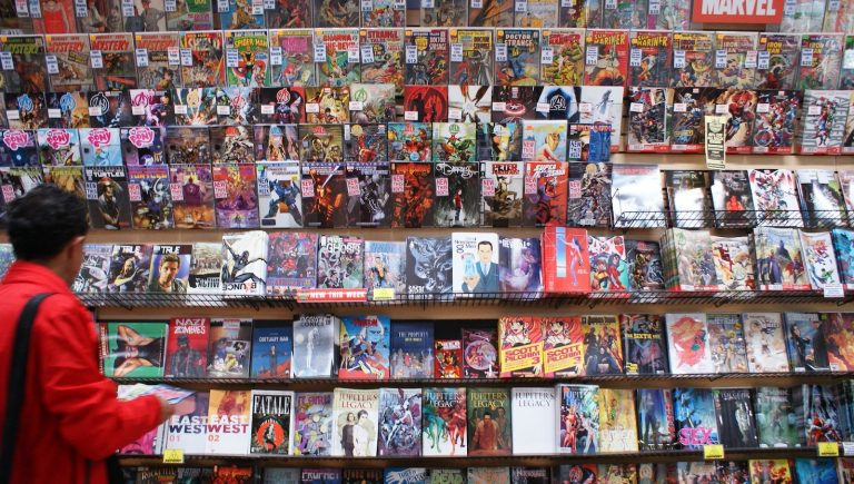 Graphic novels on a wall