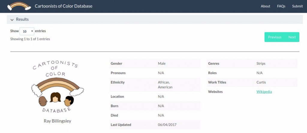 Cartoonists of Color Database example