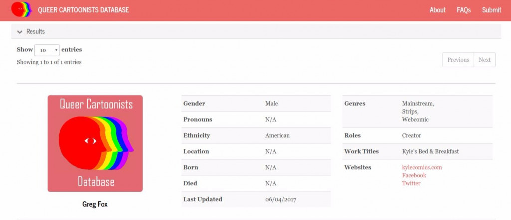 Queer Cartoonists Database example