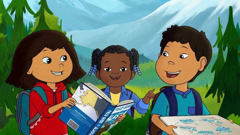 Molly of Denali cartoon cast: Molly, Trini, and Tooey
