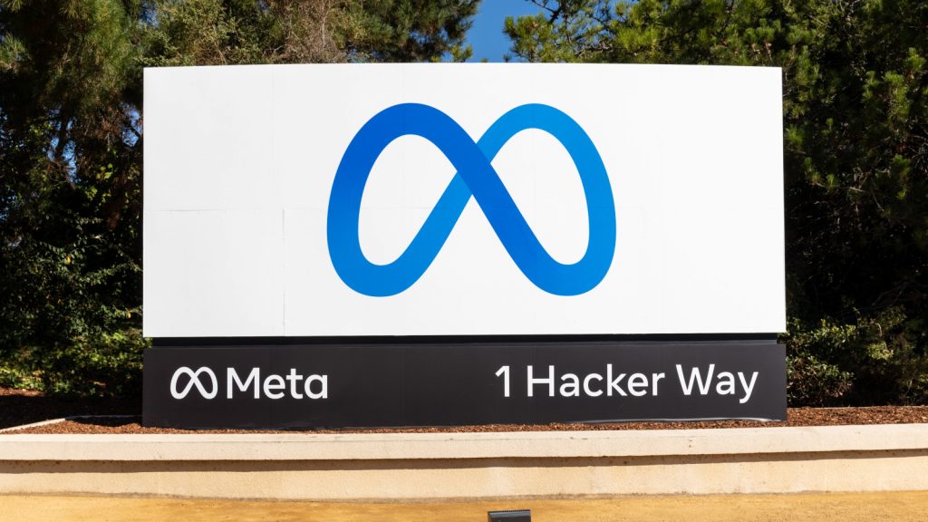 The Meta logo sign for Facebook headquarters