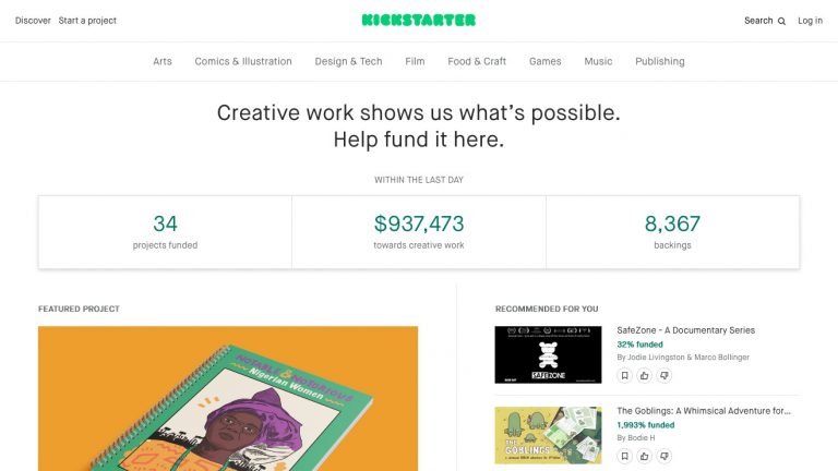 Screenshot of Kickstarter main page