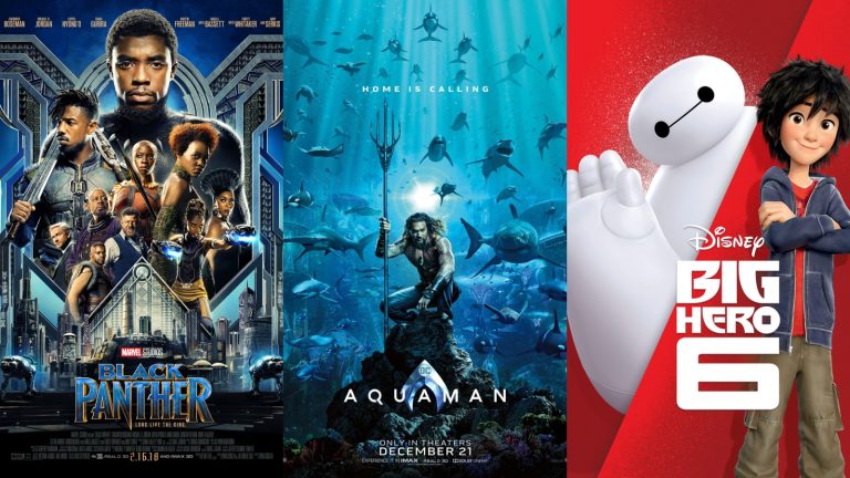 Black Panther, Aquaman, and Big Hero 6 posters
