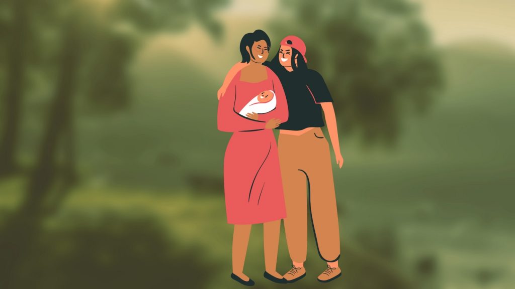 Two women and their kid