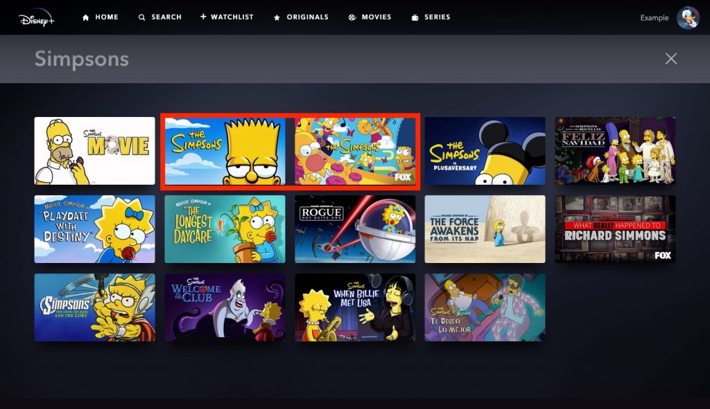 Disney+ with Hulu and two Simpsons categories