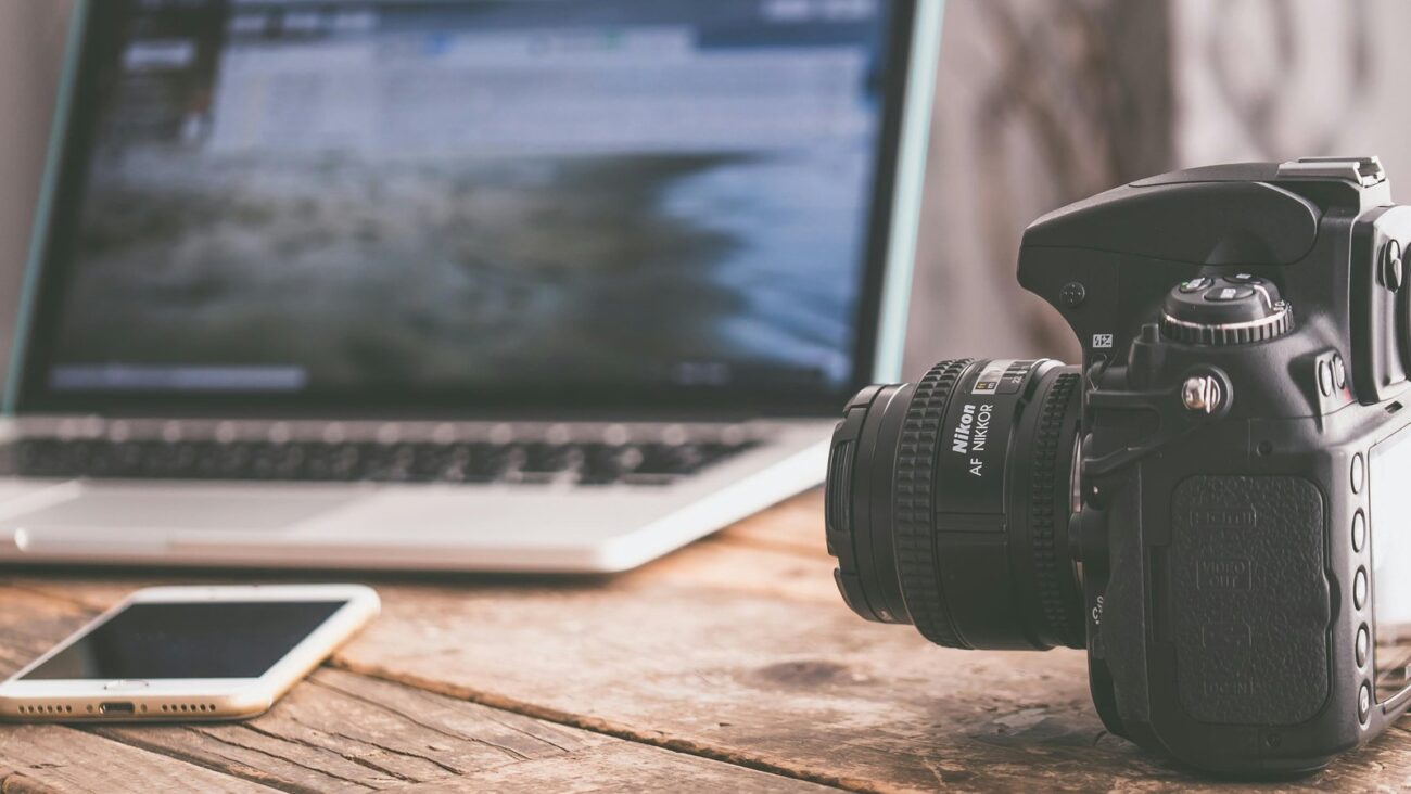 Camera, laptop and phone