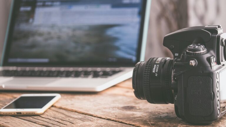 Camera, laptop and phone